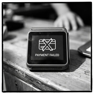 Monochrome close up of a POS terminal showing a payment failed message and crossed out credit card icon on a wooden counter.