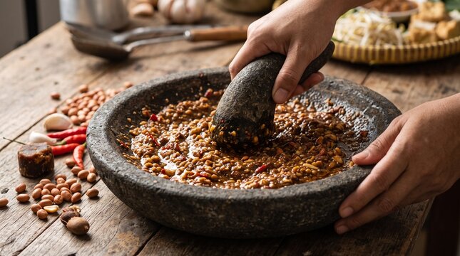 Fresh ketoprak peanut sauce prepared with peanuts, garlic and chili for recipe publishing, culinary education, restaurant content and Indonesian food marketing.