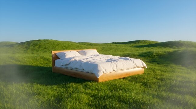 Surreal Bed in Endless Rolling Green Hills Dreamcore Concept