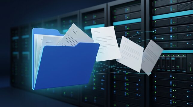 Blue folder with document pages flying into a server rack representing cloud data migration digital file management and secure information backup technology in a network infrastructure
