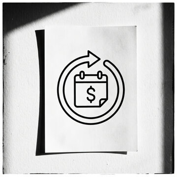 Minimalist Black and White Icon of a Calendar with Dollar Sign and Rotating Arrow on Paper Representing Recurring Payments and Financial Planning.