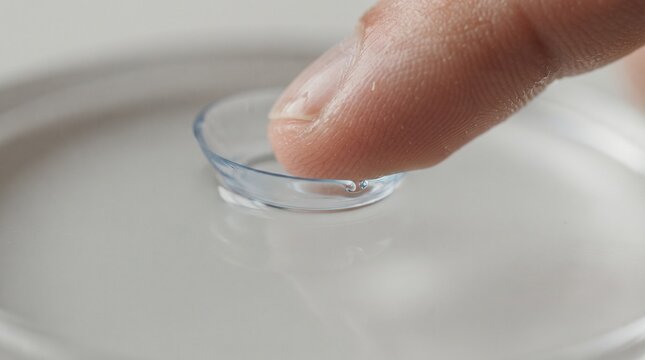 Macro shot of a finger touching a soft contact lens floating in clear saline solution during daily eye care routine