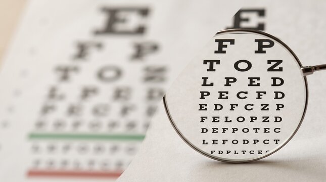 Close up of round corrective eyeglass lens focusing sharp letters on a blurry Snellen eye chart for vision test and eyesight examination