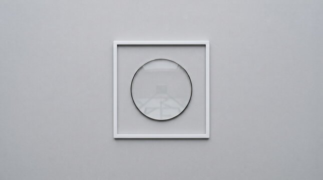 Minimalist white square frame surrounding a round transparent glass circle placed in the center on a plain neutral grey surface with ample negative space