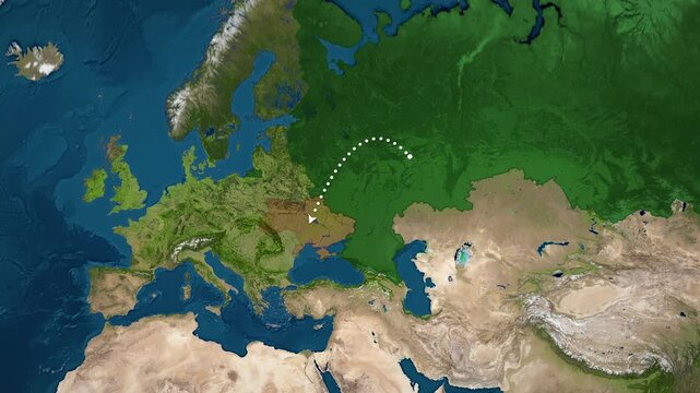 Russia to Ukraine route map with dotted arc arrow on satellite map of Europe, Russia highlighted green and Ukraine red