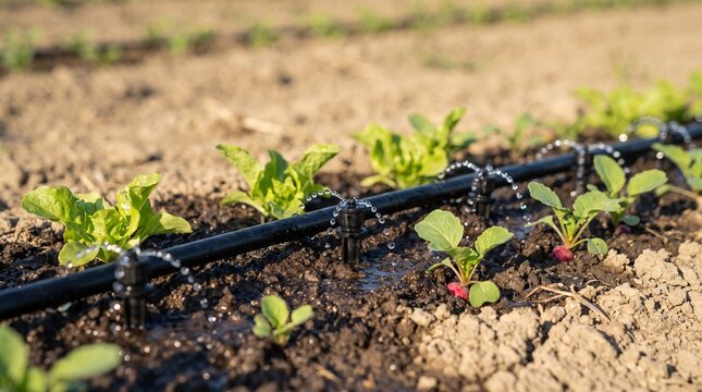 Agricultural drip irrigation system watering young green vegetable crops in field, modern farm technology