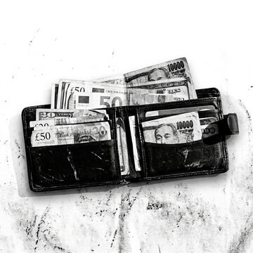 Top Down View of an Open Leather Wallet Stuffed with International Banknotes and Global Currency in Black and White