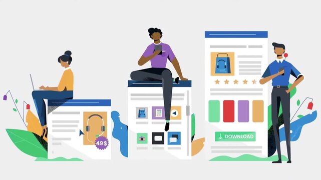 Animated vector characters interacting with mobile app interfaces and browsing online stores in motion video footage clip