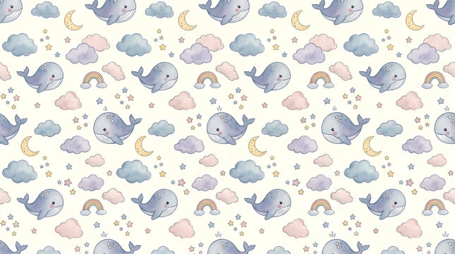 Seamless repeating pattern with cute whales clouds and moon for