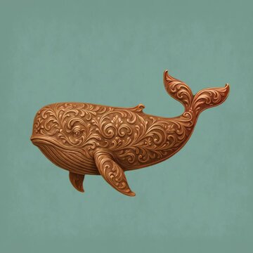 Intricate wooden whale sculpture design animation isolated asset, transparent 4K video, alpha channel, ProRes 4444