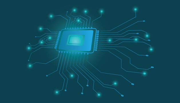 Glowing microprocessor chip with blue electronic circuit connections on a dark teal background, representing semiconductor technology, computer hardware, digital systems and electronic engineering