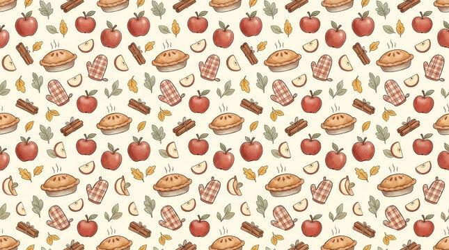 Seamless repeating pattern with apple pie and autumn harvest theme