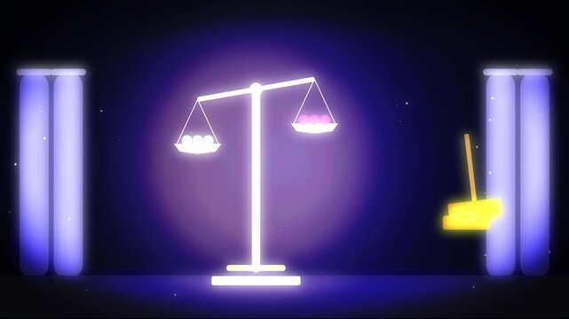 Glowing scale weighing purple spheres on dark stage with moving golden mallet for abstract motion concept design