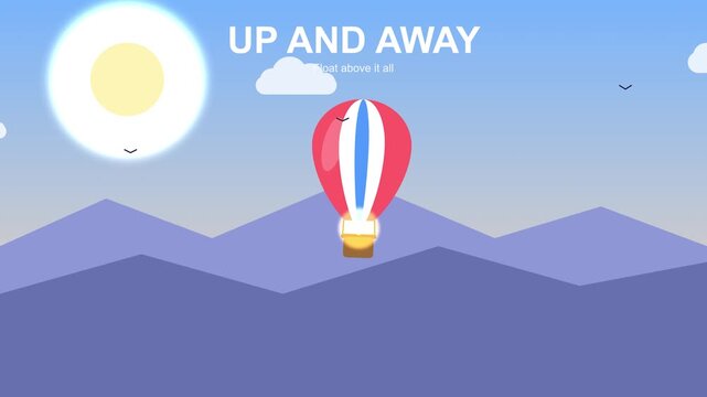 Hot air balloon floating above purple mountains with bright sun and moving clouds in flat animation style