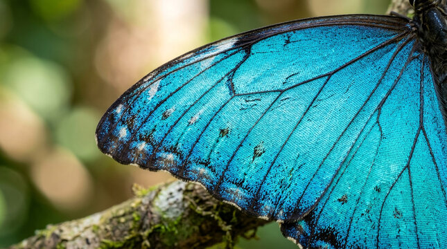 Macro close up of a bright blue morpho butterfly wing resting on a branch