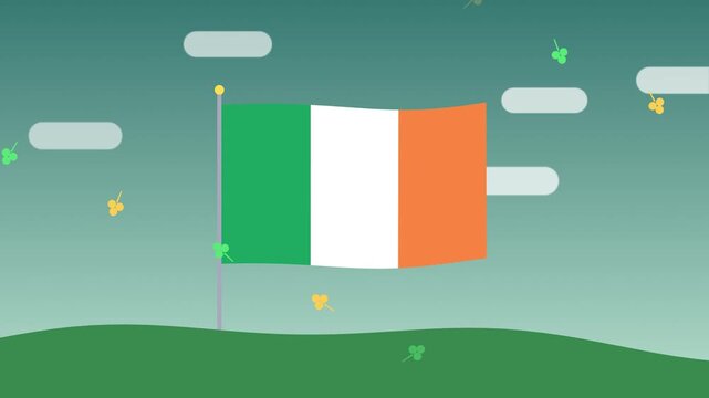 Irish flag waving proudly over green landscape with clovers and clouds in motion