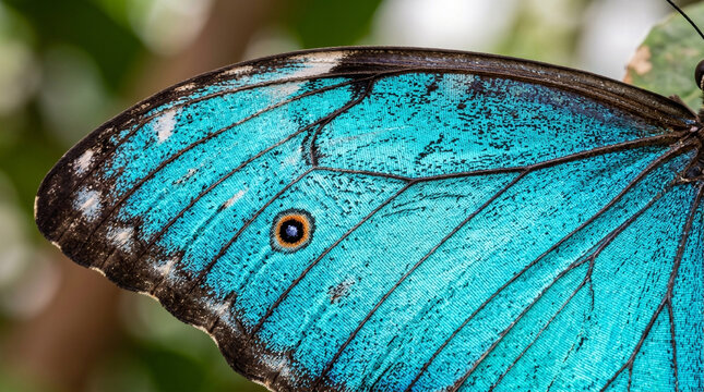 Macro close up of a vibrant turquoise butterfly wing with detailed patterns