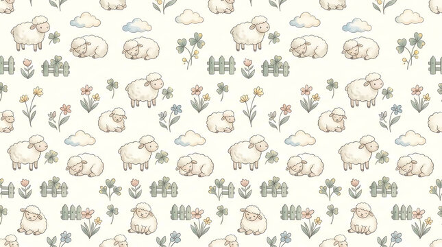 Seamless pattern with cute little sheep and flowers for nursery