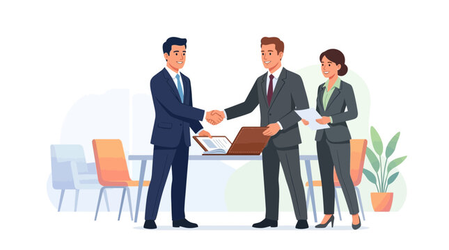 Business professionals shaking hands, finalizing deal, modern office meeting, teamwork, success, vector illustration.