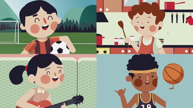 Animated children engaging in various hobbies like cooking soccer music and basketball shown in split screen footage