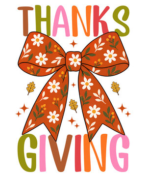 Thanksgiving bow with floral pattern and colorful t shirt design isolated on transparent background