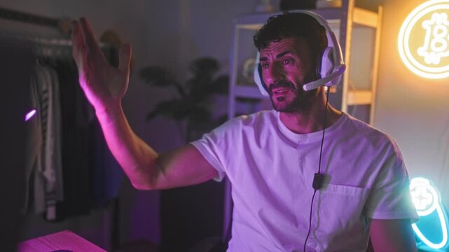 Man wearing gaming headset touching head with raised hand beside neon bitcoin sign and computer chair in studio; frustration defeat.