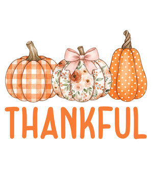 Three decorative pumpkins with different patterns and the word thankful below them isolated on transparent background
