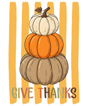 Stacked pumpkins with give thanks text and orange stripes t shirt design isolated on transparent background