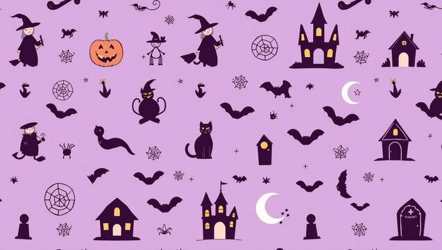 Seamless halloween pattern with witches bats pumpkins and haunted houses on a purple background