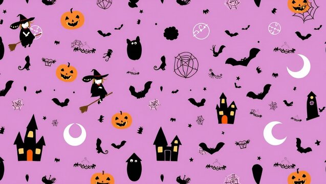 Cute halloween seamless pattern with pumpkins witches bats and haunted houses on a purple background