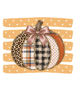 Patchwork pumpkin with bow and polka dot t shirt design isolated on transparent background