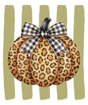 Leopard print pumpkin with buffalo plaid bow t shirt design isolated on transparent background