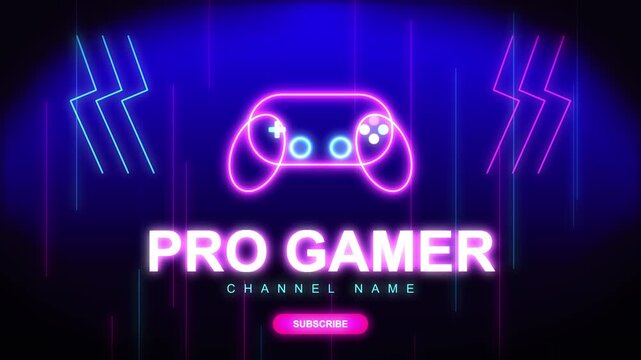Pro gamer neon sign motion graphic with glowing game controller for streaming channel branding video intro