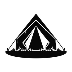 Black camping tent silhouette icon on white background, outdoor adventure symbol, hiking equipment, travel sign, vector style graphic © Stocklix