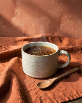 Steaming bone broth in speckled ceramic mug on terracotta linen