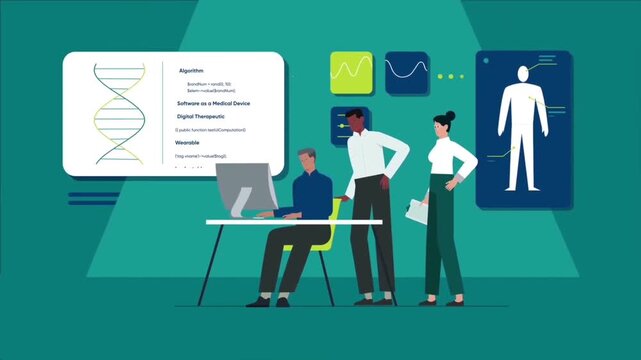 Digital healthcare professionals collaborating on medical software development and data analysis in animated video clip
