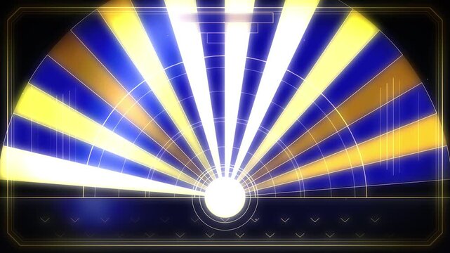 Retro futuristic radar scanner with yellow and blue motion rays on black background for gaming user interface