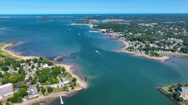 Weymouth Fore River mouth and King Cove aerial view to Hingham Bay between city of Quincy and Weymouth, Massachusetts MA, USA. 