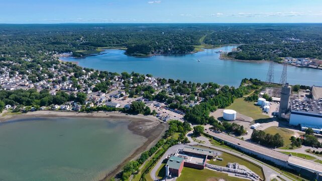 Weymouth Fore River mouth and King Cove aerial view to Hingham Bay between city of Quincy and Weymouth, Massachusetts MA, USA. 