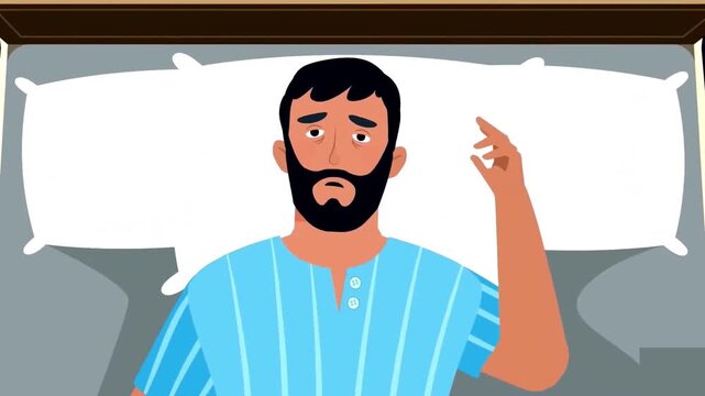 Tired bearded man lying awake in bed suffering from insomnia or sleep disorder animation footage clip