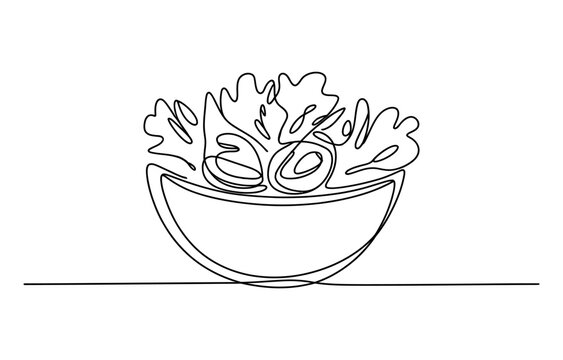 Continuous single line drawing of a fresh green salad in a bowl for healthy food concept and organic restaurant menu design minimalist vector illustration