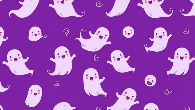 Cute happy ghosts pattern on a purple background for halloween