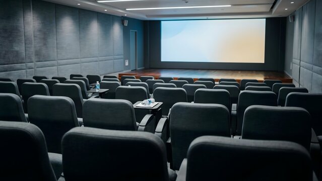 Empty small cinema or conference hall with grey seats and large screen