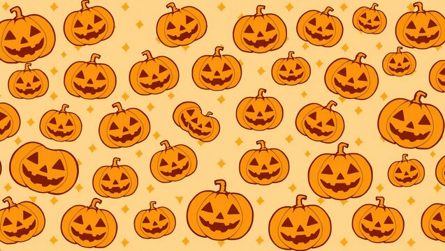 Seamless pattern of cute orange halloween pumpkins with happy carved faces on a light yellow background