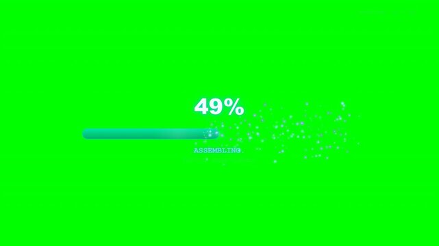 Unique chromakey green screen particle swarm assembly loading bar motion graphics loop with glowing particles magnetically forming a progress bar for sci-fi, gaming and app preloader overlays