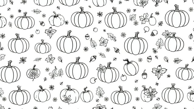 Seamless pattern with hand drawn pumpkins and autumn leaves in black and white sketch style