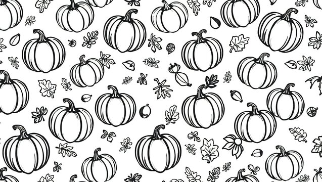 Seamless pattern with hand drawn pumpkins and autumn leaves in black and white style