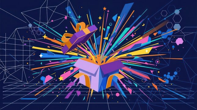 Vibrant purple gift box exploding with colorful abstract shapes and stars over a dark tech grid background for surprise and rewards concept