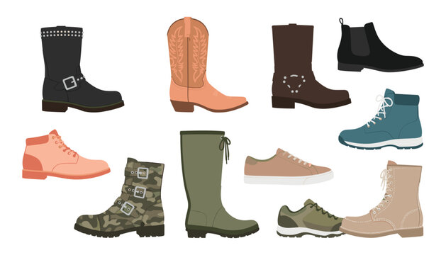 Footwear vector set featuring realistic shoes cowboy boots combat gear sneakers and rubber rain boots for seasonal fashion design