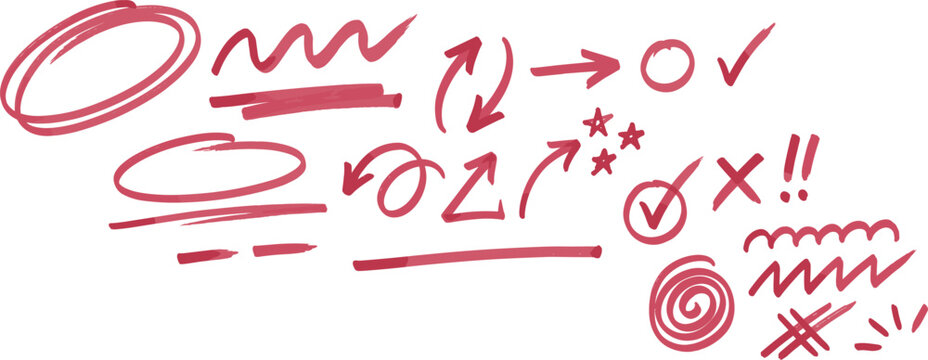 Line pen red highlight arrow set. Line pen hand drawn marker stroke red underline, check mark, emphasis. Arrow, star, round frame marker scribble stroke icon elements. Vector illustration